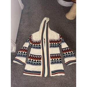Vintage‎ Queens Way To Fashion Sweater Womens Medium Hooded Aztec Cardigan 80s
